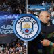 Split image featuring a Rodri banner at the Etihad and Enzo Maresca with Pep Guardiola.