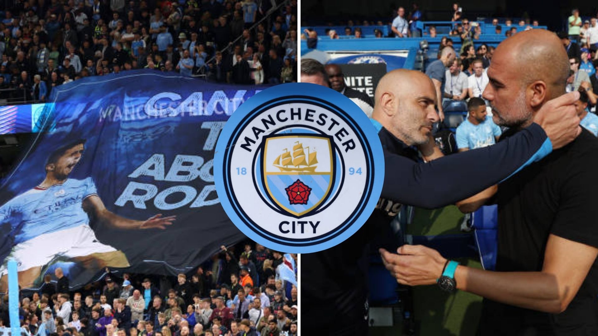 Split image featuring a Rodri banner at the Etihad and Enzo Maresca with Pep Guardiola.