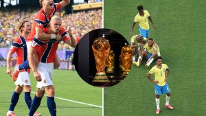 Split image featuring Erling Haaland and the Brazil national team.