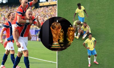 Split image featuring Erling Haaland and the Brazil national team.