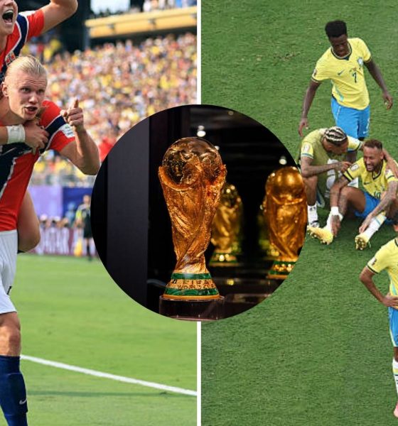 Split image featuring Erling Haaland and the Brazil national team.