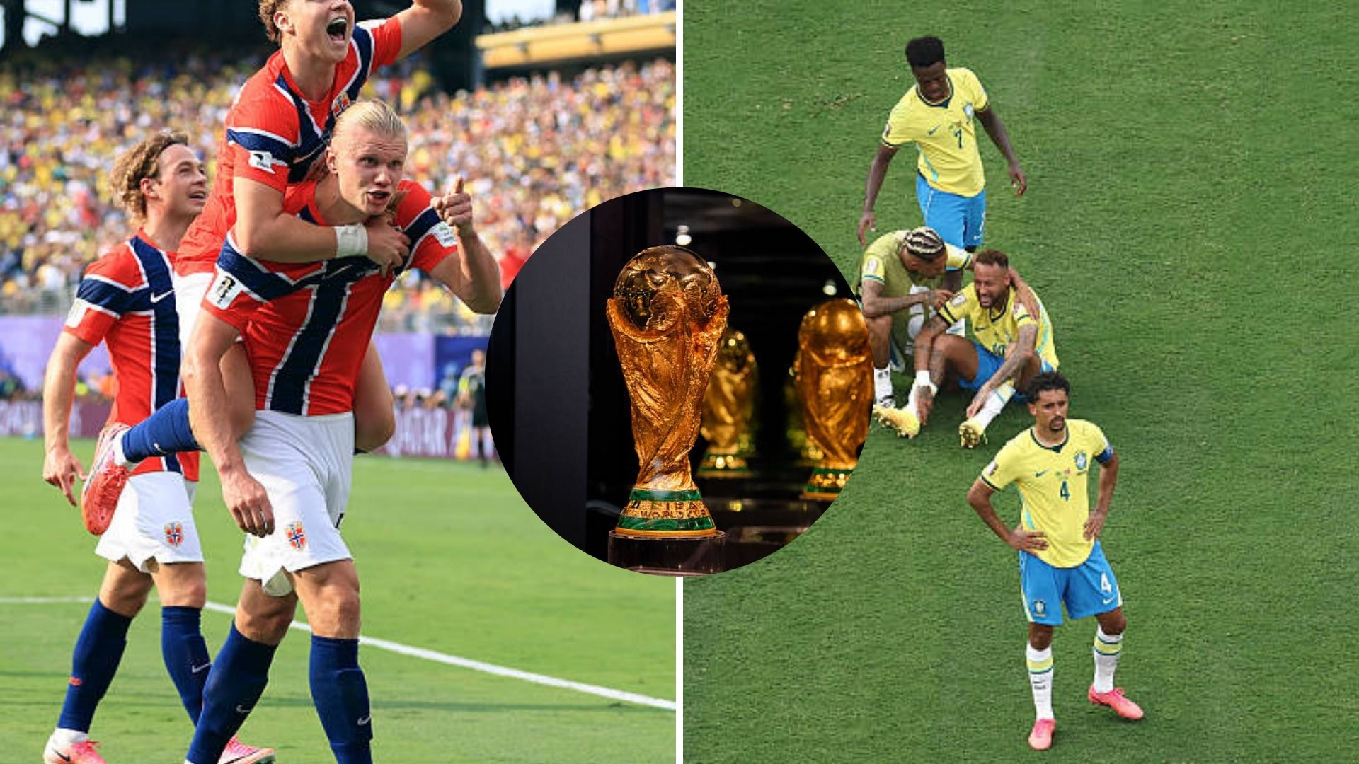 Split image featuring Erling Haaland and the Brazil national team.