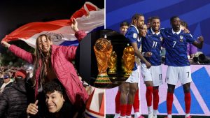 Split image featuring Paraguay fans and the French team attack.