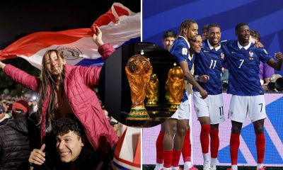 Split image featuring Paraguay fans and the French team attack.