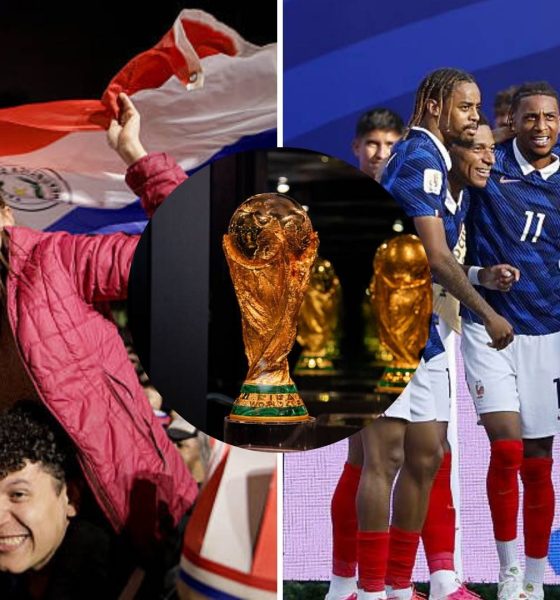 Split image featuring Paraguay fans and the French team attack.