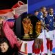 Split image featuring Paraguay fans and the French team attack.