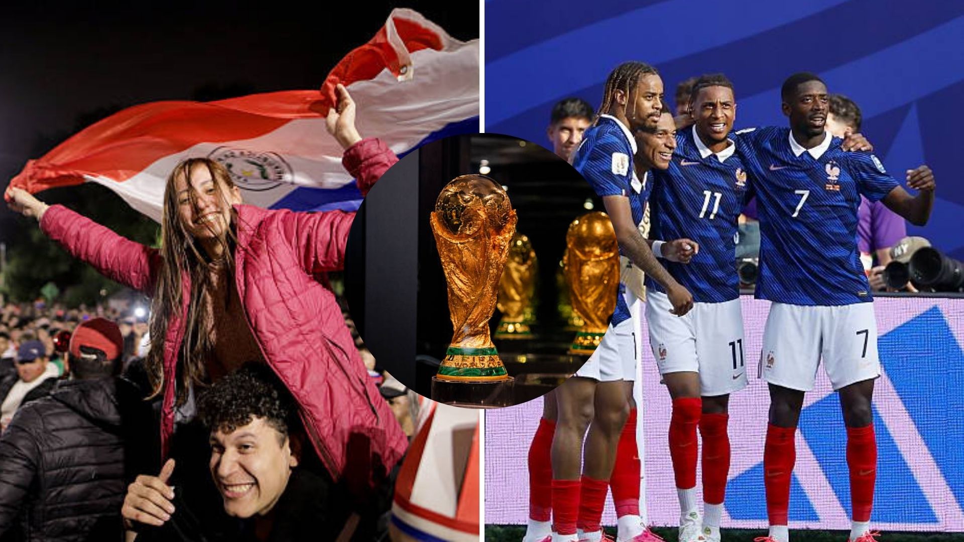 Split image featuring Paraguay fans and the French team attack.