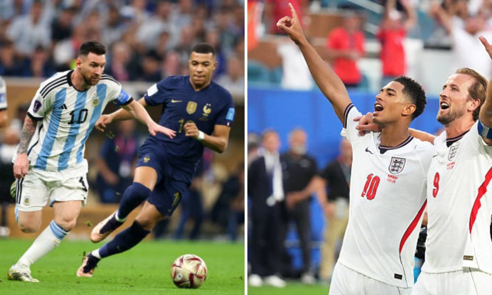 Split image featuring Harry Kane, Jude Bellingham, Kylian Mbappe and Lionel Messi