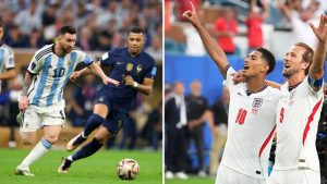 Split image featuring Harry Kane, Jude Bellingham, Kylian Mbappe and Lionel Messi