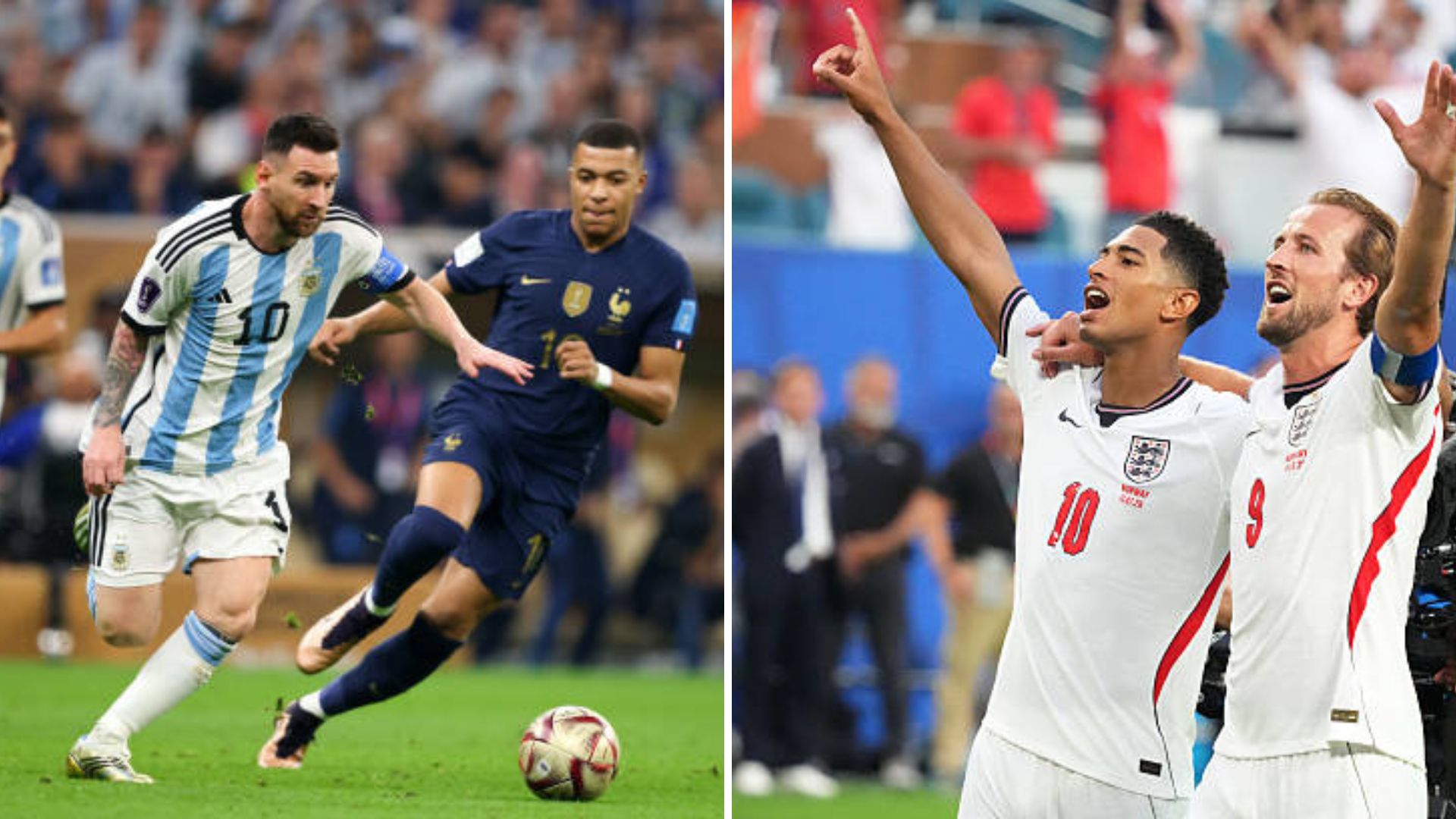 Split image featuring Harry Kane, Jude Bellingham, Kylian Mbappe and Lionel Messi