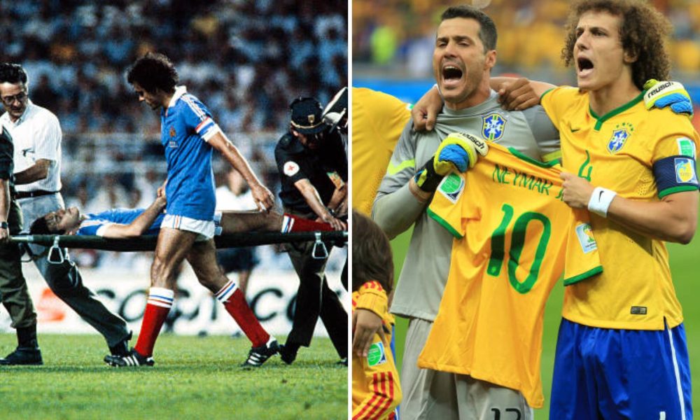 Split image featuring 1982 World Cup semi-final and the Brazil semi-final vs Germany in 2014.