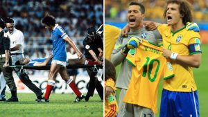 Split image featuring 1982 World Cup semi-final and the Brazil semi-final vs Germany in 2014.