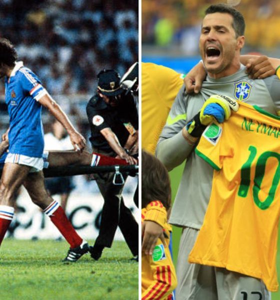 Split image featuring 1982 World Cup semi-final and the Brazil semi-final vs Germany in 2014.