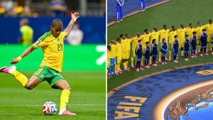 Split image featuring Jayden Adams and South African national team.