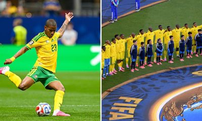Split image featuring Jayden Adams and South African national team.