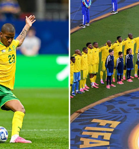 Split image featuring Jayden Adams and South African national team.