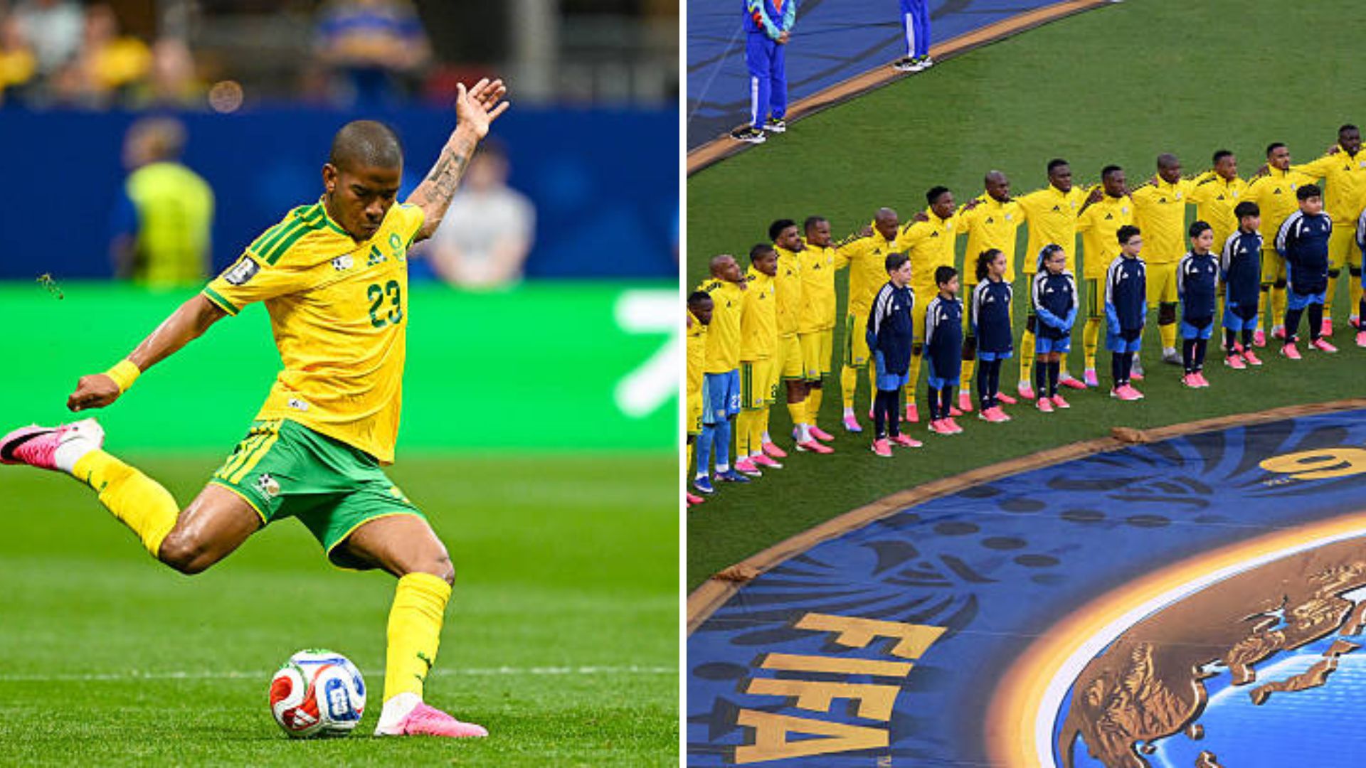 Split image featuring Jayden Adams and South African national team.