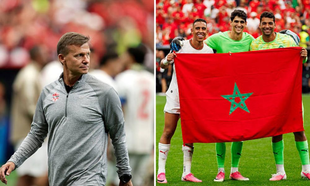Split image featuring Jesse Marsch and the Morocco team with the flag.