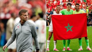 Split image featuring Jesse Marsch and the Morocco team with the flag.