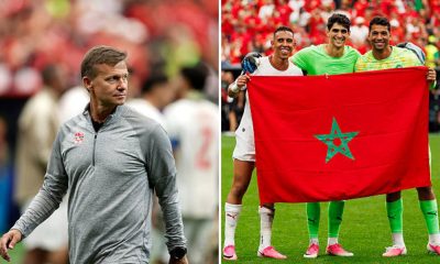 Split image featuring Jesse Marsch and the Morocco team with the flag.