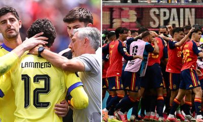 Split image featuring Senne Lammens with Thibaut Courtois and the Spanish team celebrating.