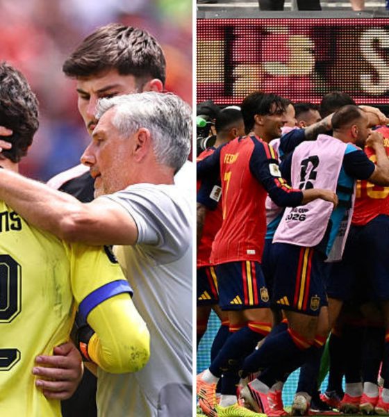 Split image featuring Senne Lammens with Thibaut Courtois and the Spanish team celebrating.