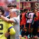Split image featuring Senne Lammens with Thibaut Courtois and the Spanish team celebrating.