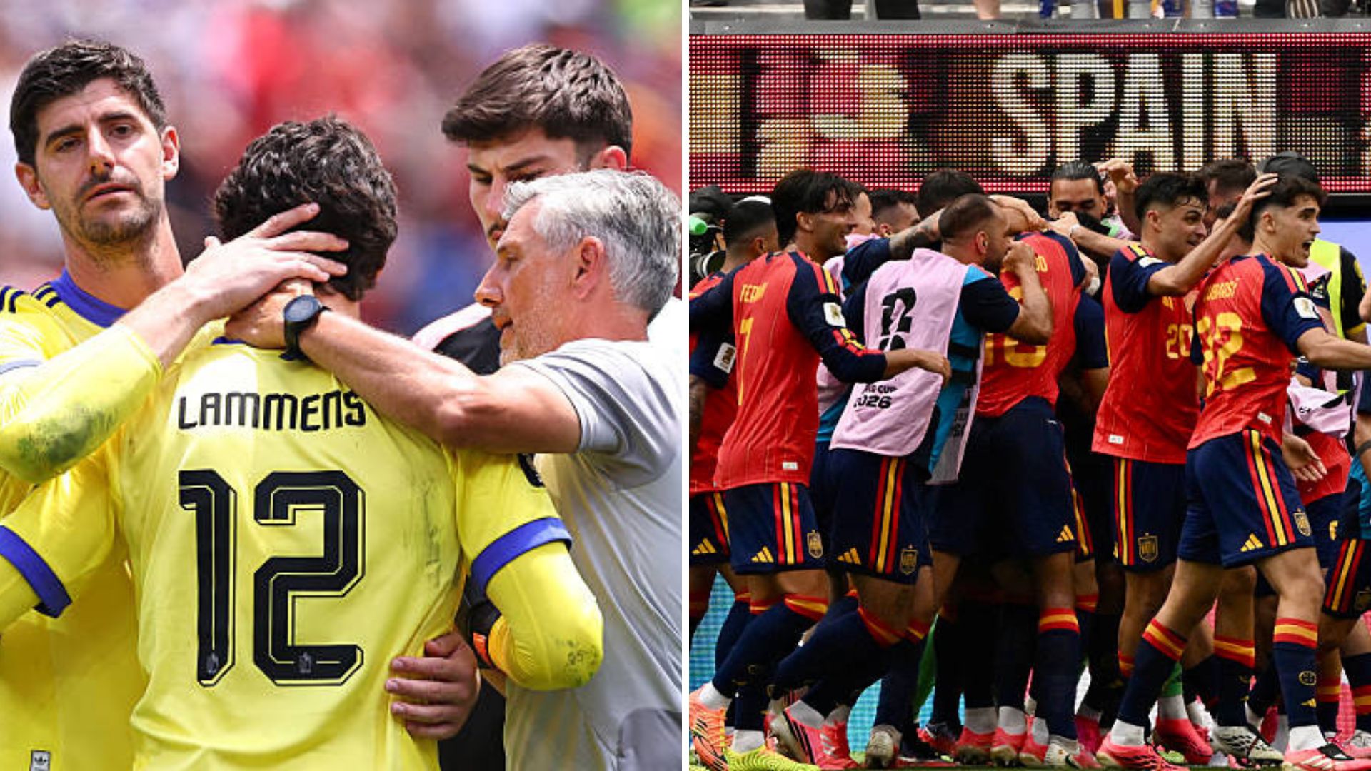 Split image featuring Senne Lammens with Thibaut Courtois and the Spanish team celebrating.