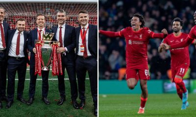 Split image featuring Liverpool's team behind the scenes and Trent, Mohamed Salah and Ibrahima Konate.