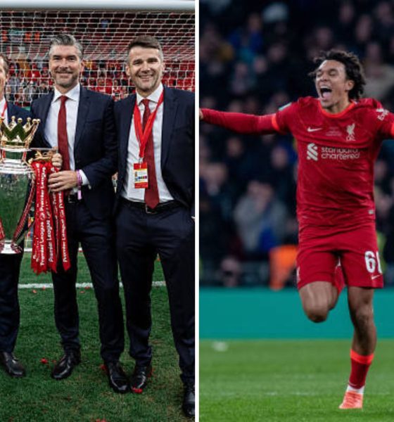 Split image featuring Liverpool's team behind the scenes and Trent, Mohamed Salah and Ibrahima Konate.