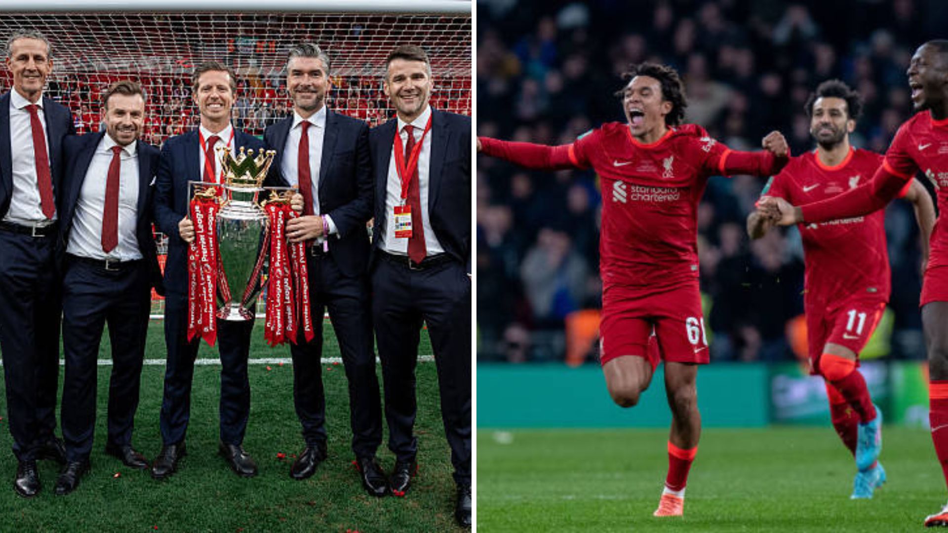 Split image featuring Liverpool's team behind the scenes and Trent, Mohamed Salah and Ibrahima Konate.