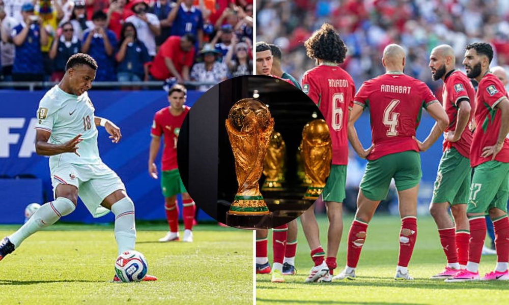 Split image featuring Kylian Mbappe and the Morocco team.