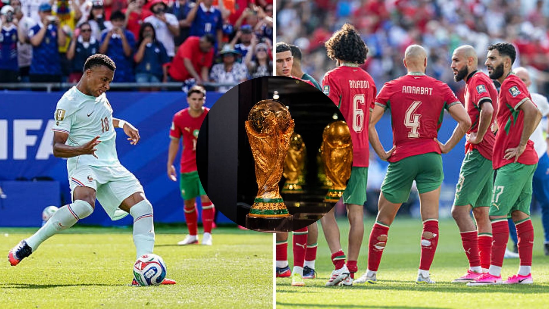Split image featuring Kylian Mbappe and the Morocco team.