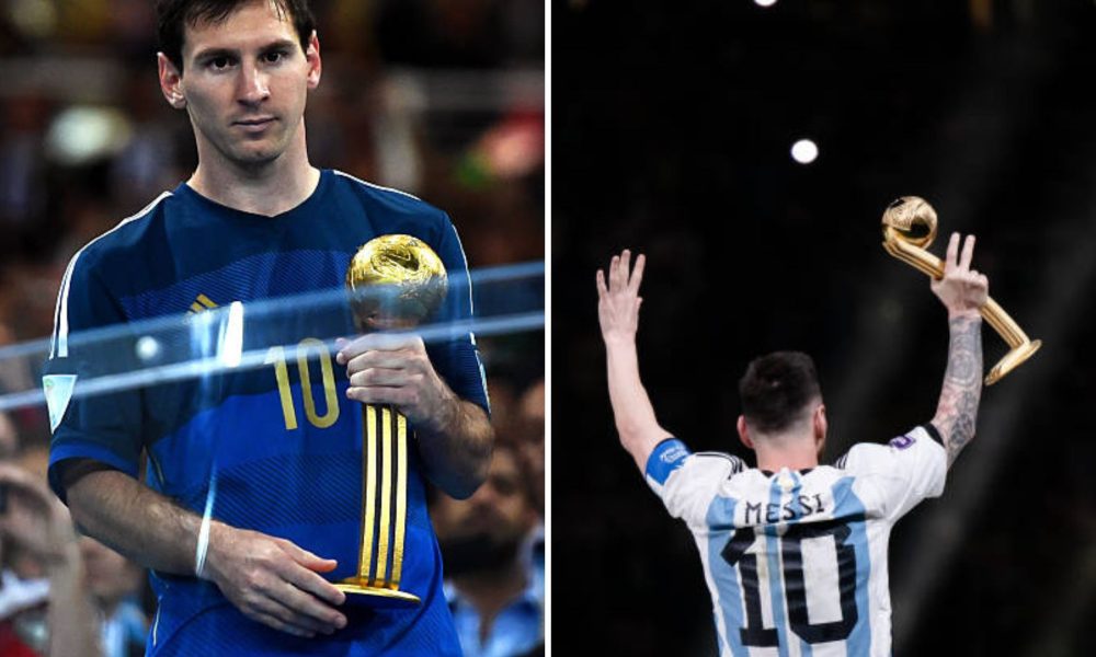 Split image featuring Lionel Messi's 2014 and 2022 Golden Ball win.
