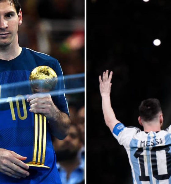 Split image featuring Lionel Messi's 2014 and 2022 Golden Ball win.