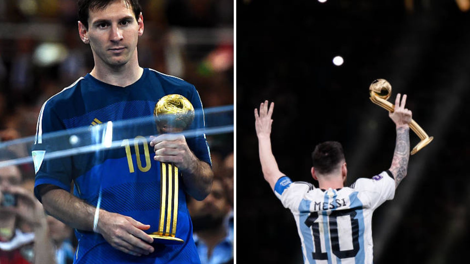 Split image featuring Lionel Messi's 2014 and 2022 Golden Ball win.