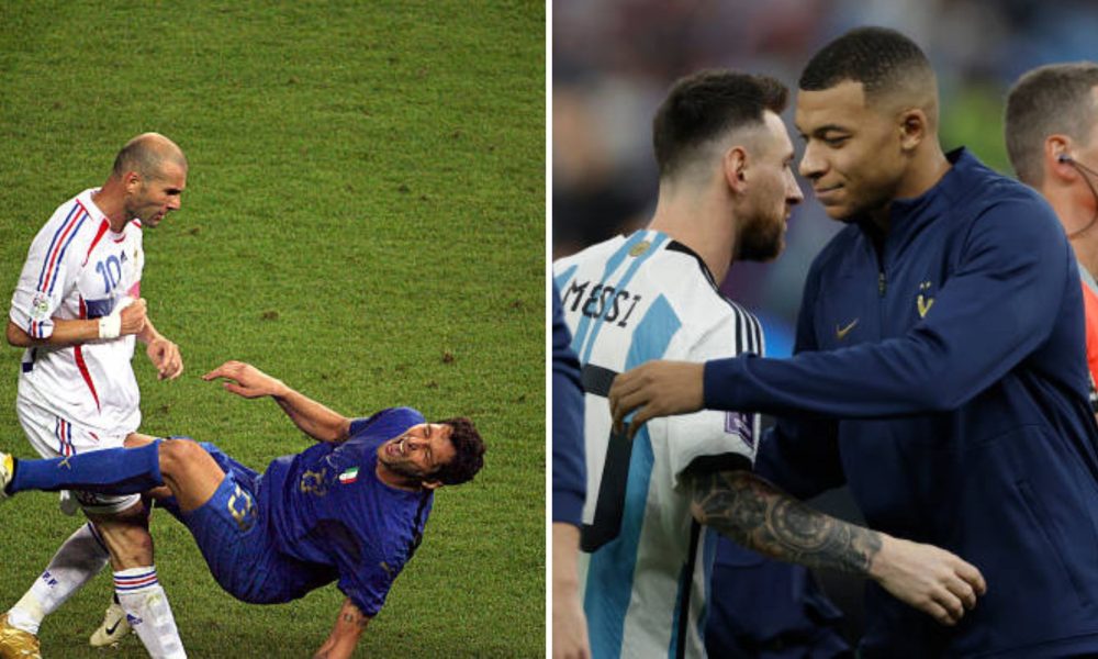 Split image featuring Zidane headbutt and Mbappe greeting Messi in 2022 final.