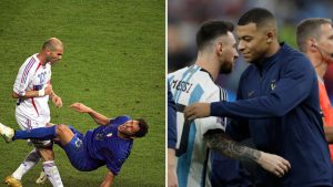Split image featuring Zidane headbutt and Mbappe greeting Messi in 2022 final.