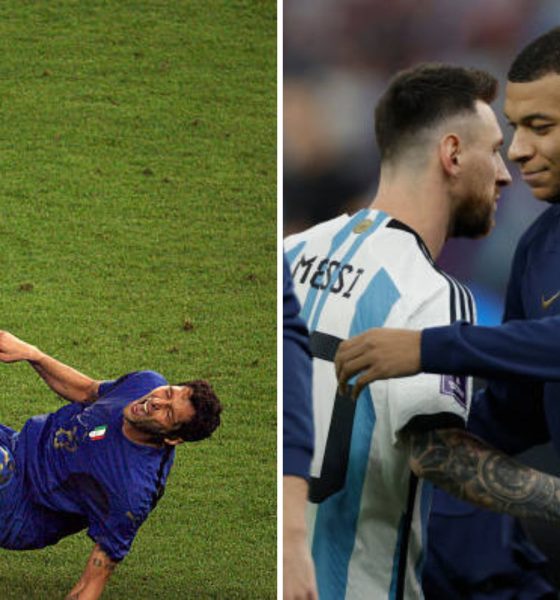 Split image featuring Zidane headbutt and Mbappe greeting Messi in 2022 final.