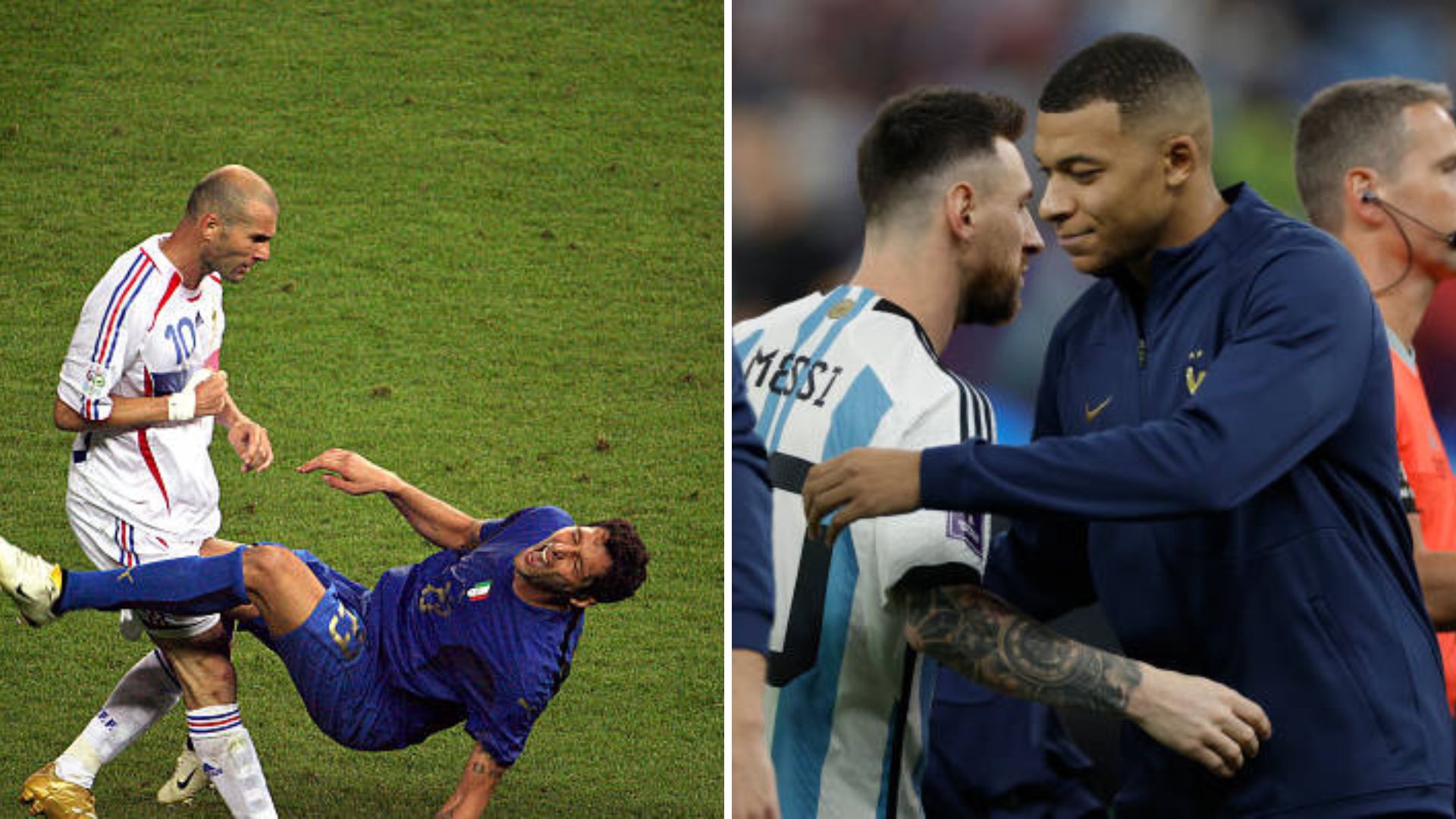 Split image featuring Zidane headbutt and Mbappe greeting Messi in 2022 final.