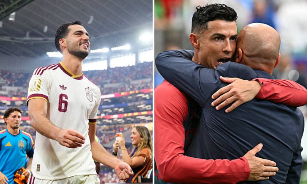 Split image featuring Mikel Merino and Cristiano Ronaldo with Roberto Martinez.