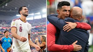 Split image featuring Mikel Merino and Cristiano Ronaldo with Roberto Martinez.