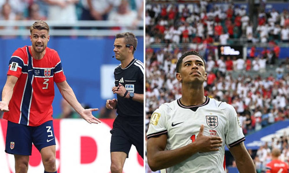 Split image featuring Norway team complaining and Jude Bellingham.