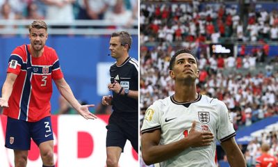 Split image featuring Norway team complaining and Jude Bellingham.