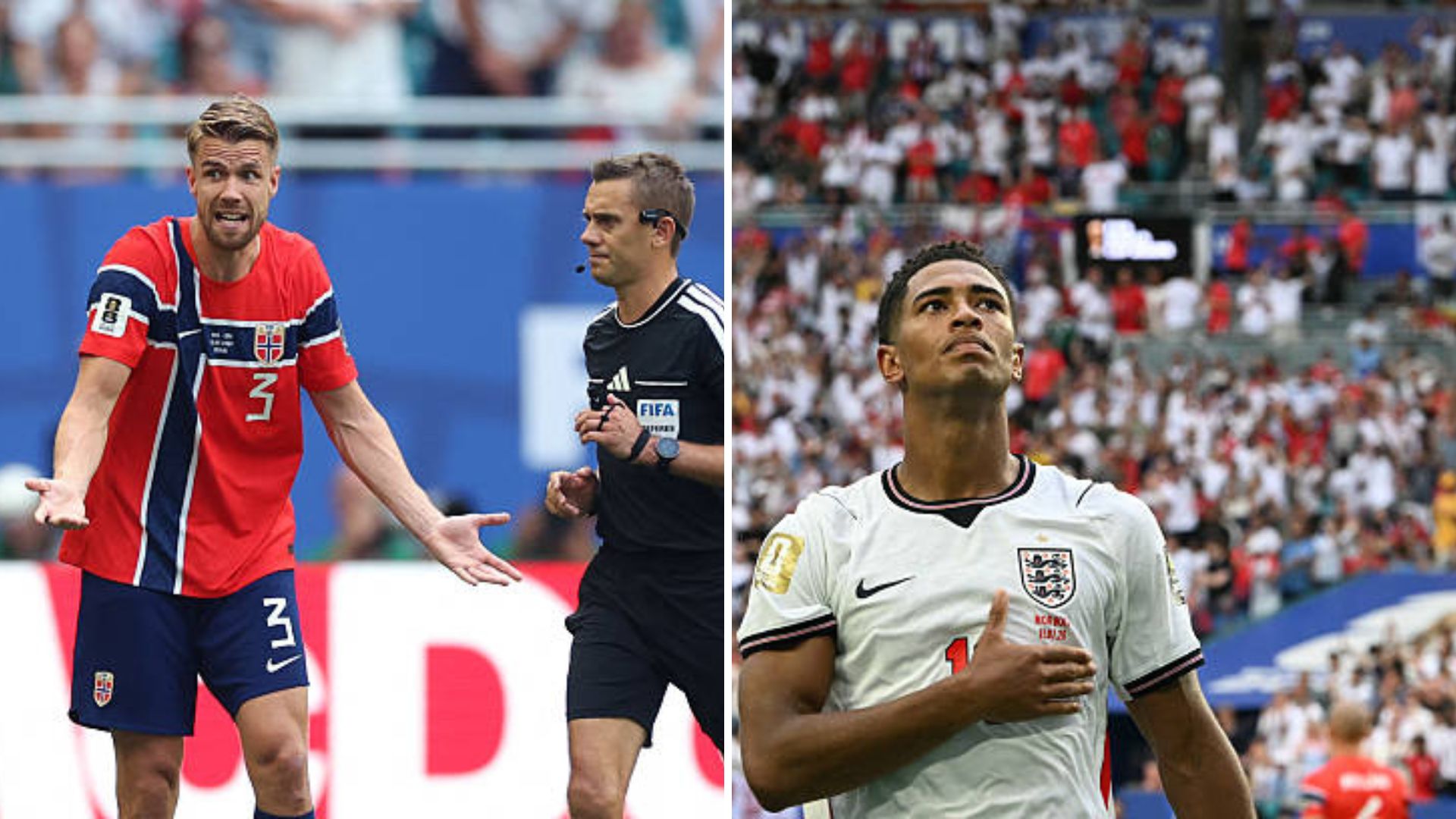 Split image featuring Norway team complaining and Jude Bellingham.