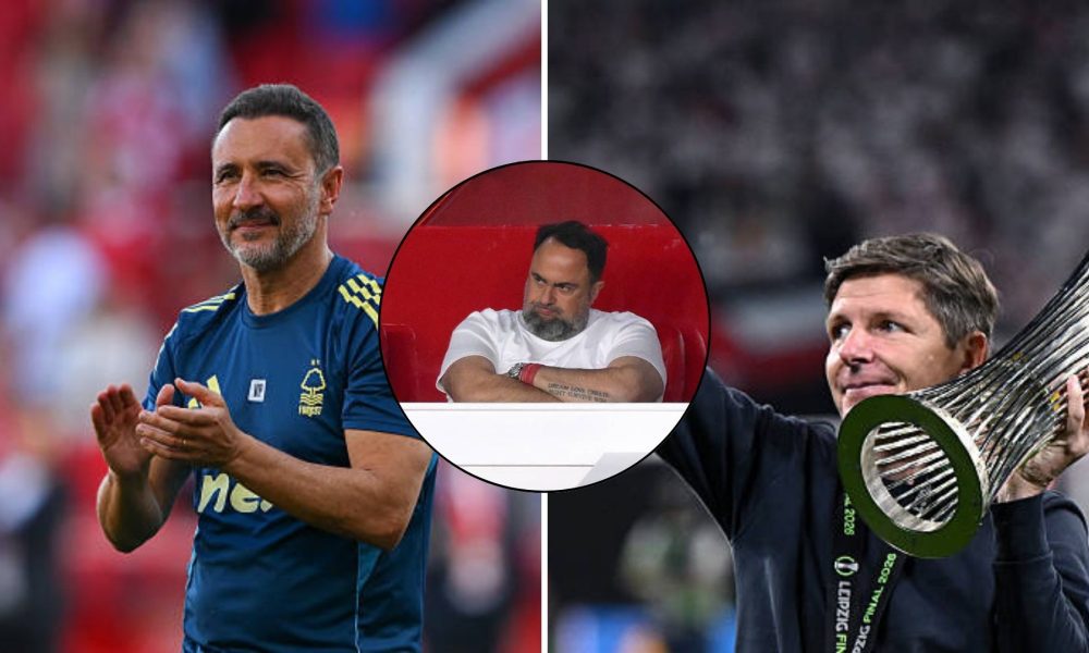 Split image featuring Vitor Pereira, Evangelos Marinakis and Oliver Glasner.