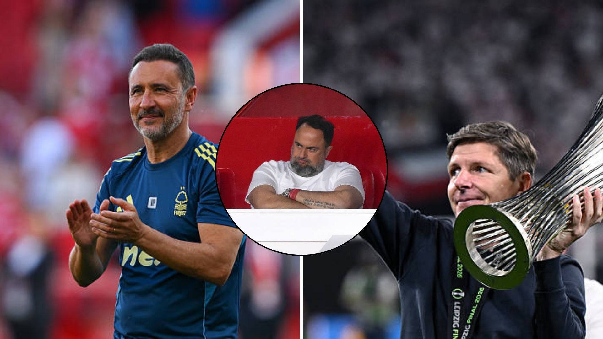Split image featuring Vitor Pereira, Evangelos Marinakis and Oliver Glasner.