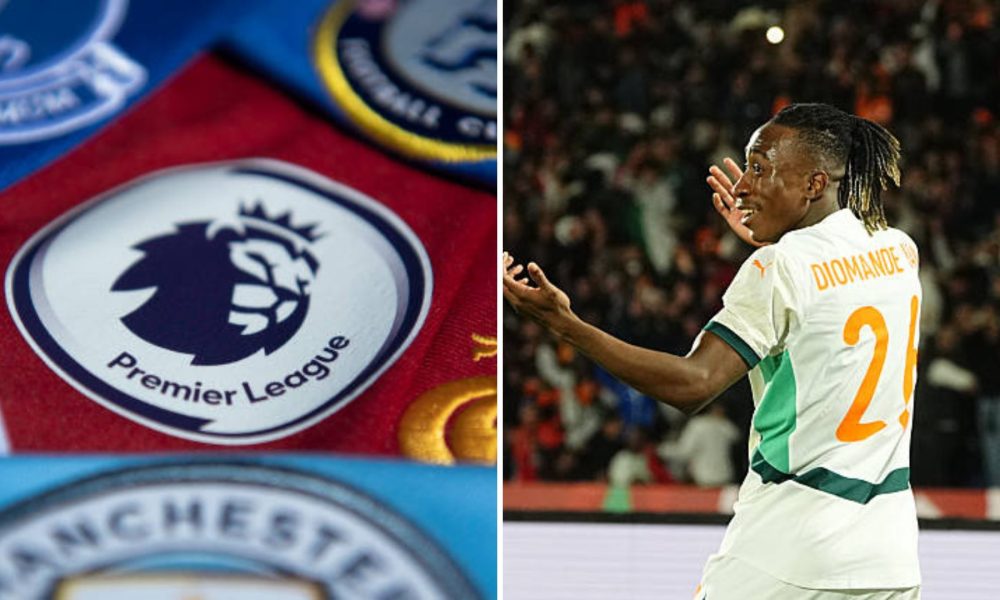 Split image featuring logos of Premier League clubs and Yan Diomande.
