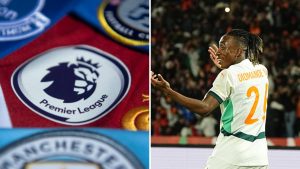 Split image featuring logos of Premier League clubs and Yan Diomande.