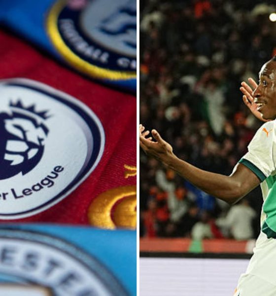 Split image featuring logos of Premier League clubs and Yan Diomande.